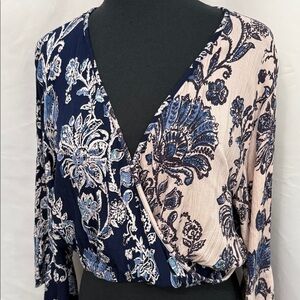 Angie Navy and Cream Floral Cropped Blouse